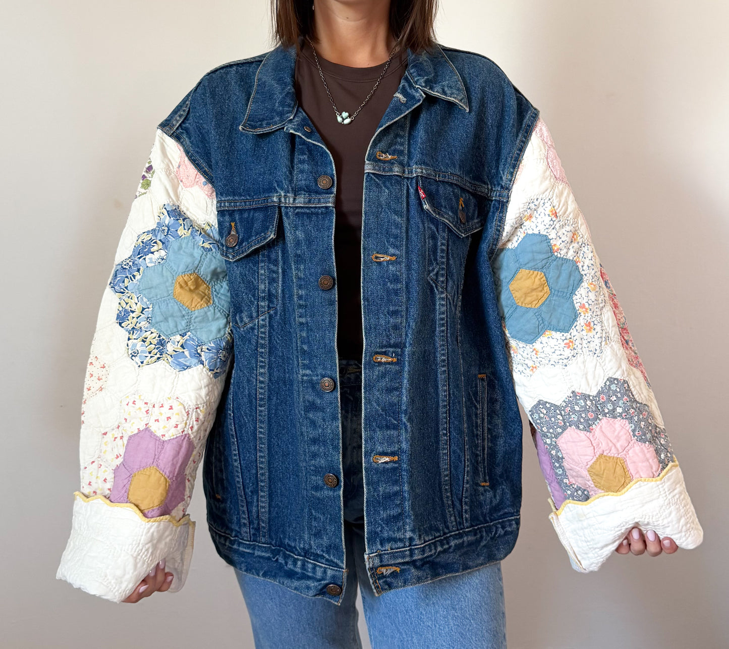 Grandmother’s Flower Garden Quilt Upcycled Denim Jacket