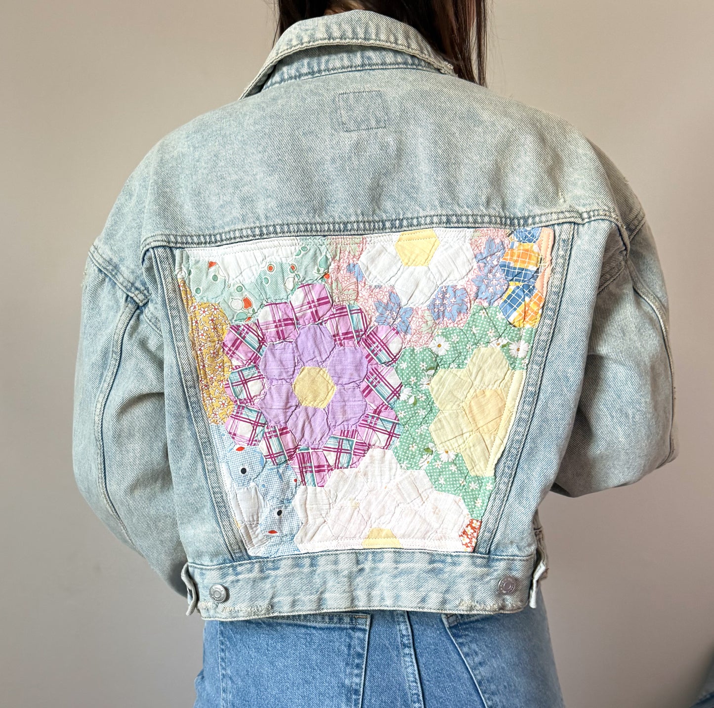 Grandmother’s Flower Garden Quilt Back Upcycled Denim Jacket