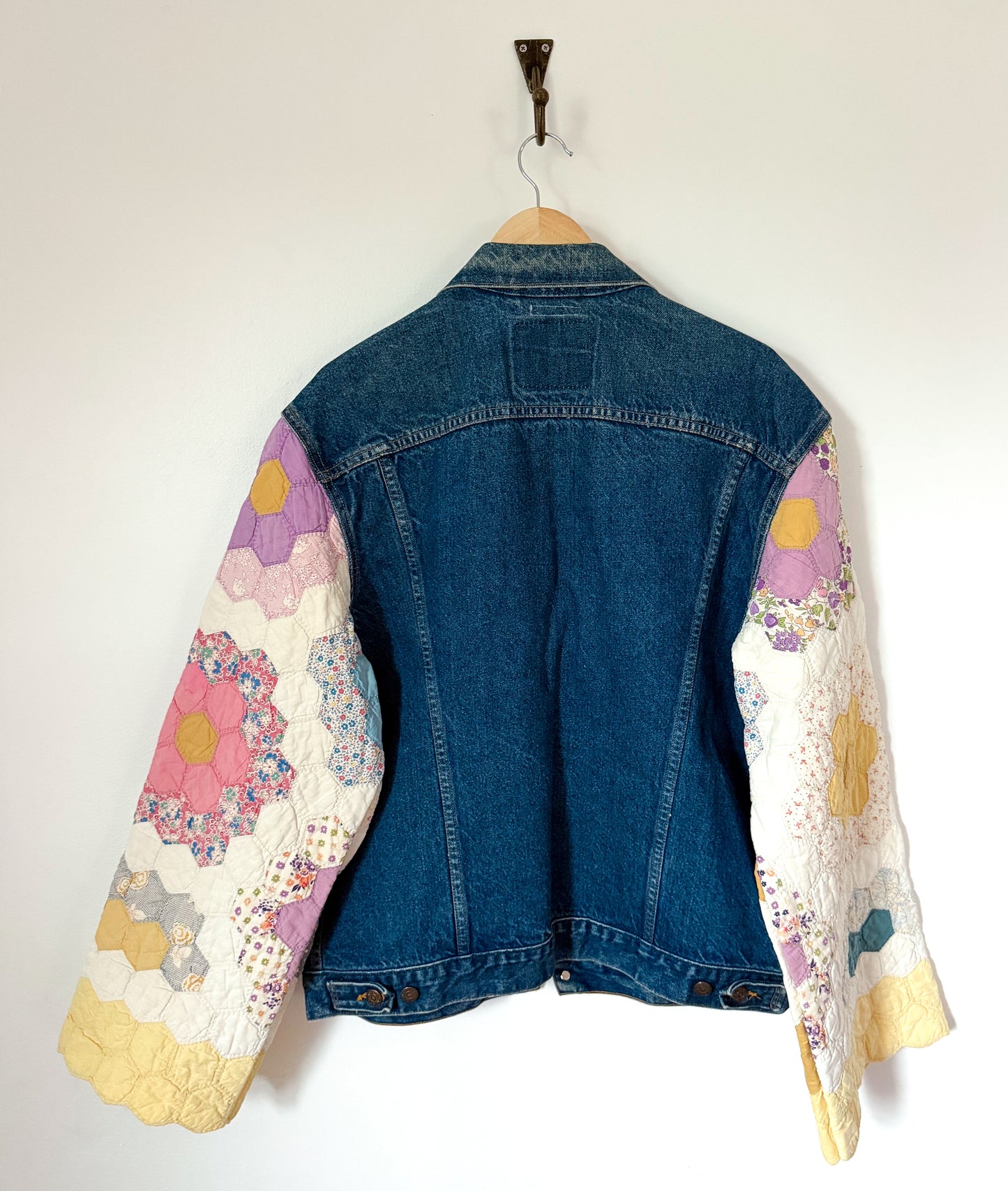 Grandmother’s Flower Garden Quilt Upcycled Denim Jacket