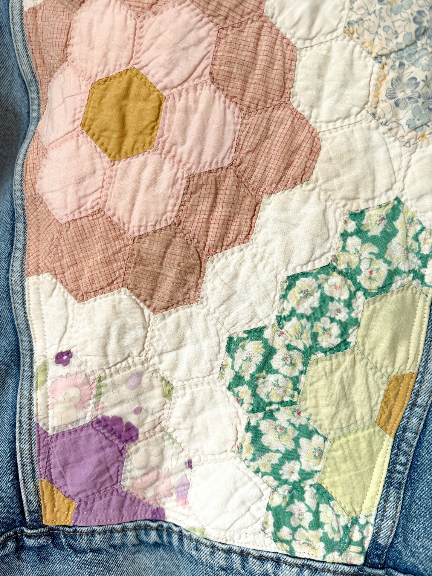 Grandmother’s Flower Garden Quilt Back Upcycled Denim Jacket