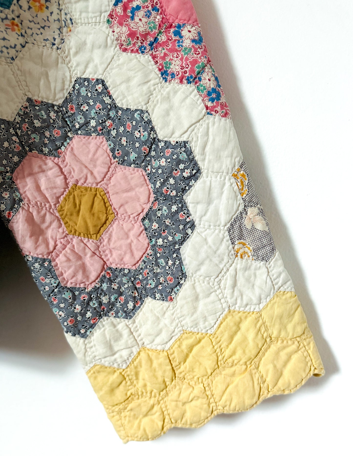 Grandmother’s Flower Garden Quilt Upcycled Denim Jacket