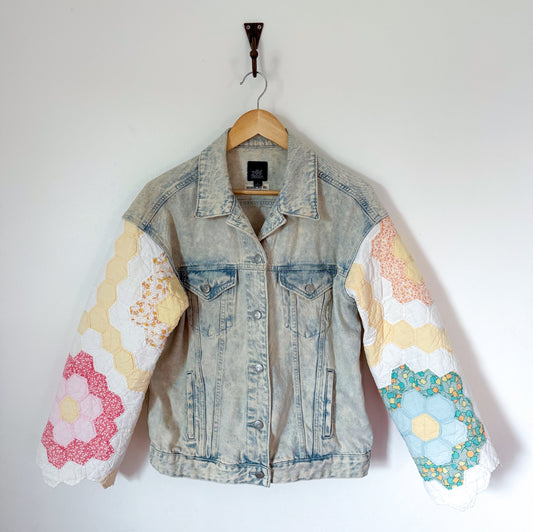 Grandmother’s Flower Garden Quilt Upcycled Denim Jacket