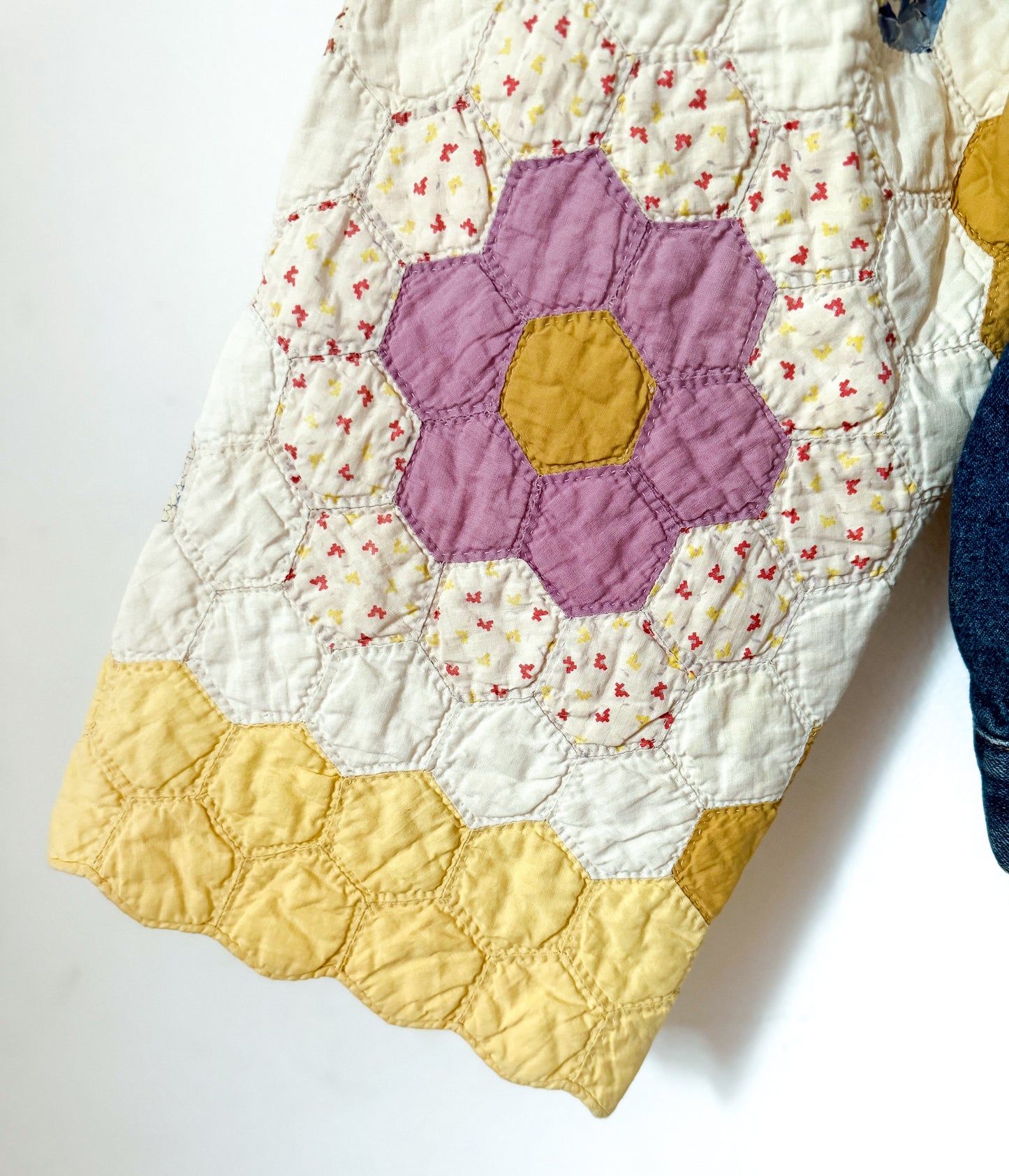 Grandmother’s Flower Garden Quilt Upcycled Denim Jacket