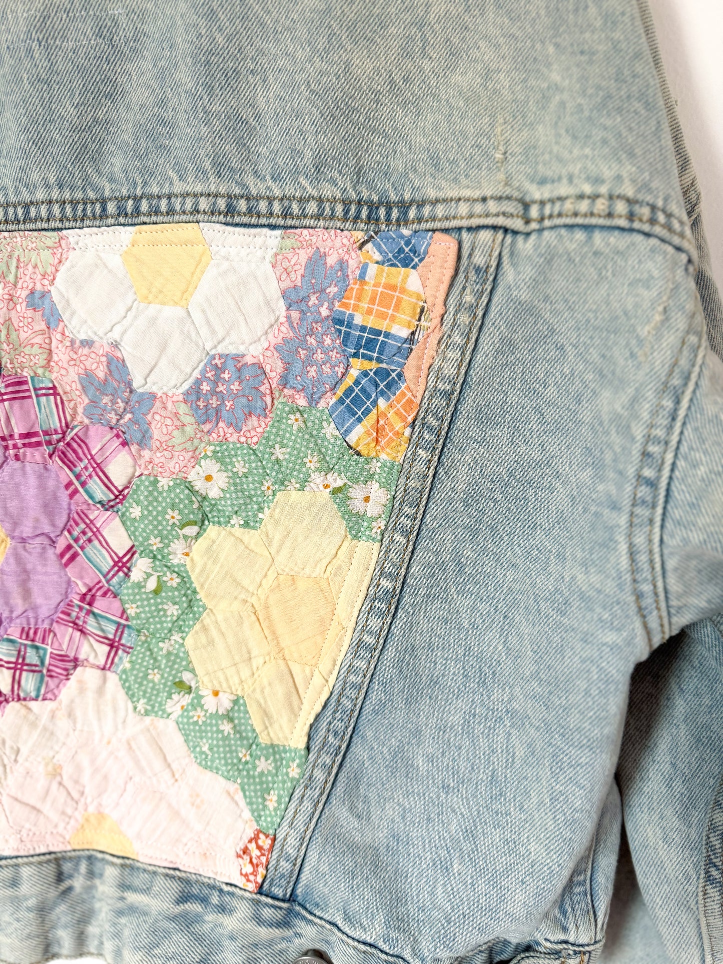 Grandmother’s Flower Garden Quilt Back Upcycled Denim Jacket