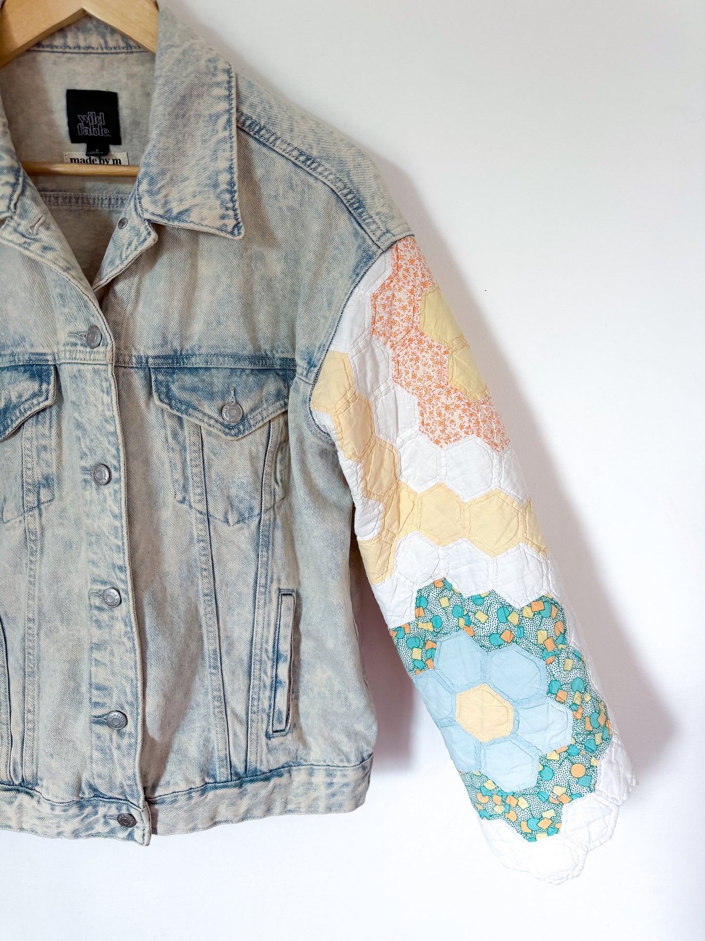 Grandmother’s Flower Garden Quilt Upcycled Denim Jacket