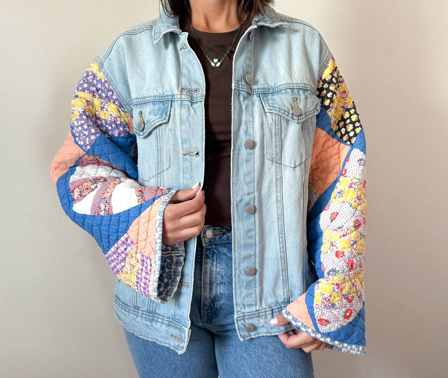 Blue Fan Quilt Upcycled Denim Jacket