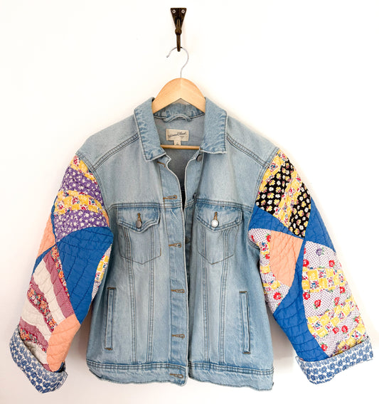 Blue Fan Quilt Upcycled Denim Jacket
