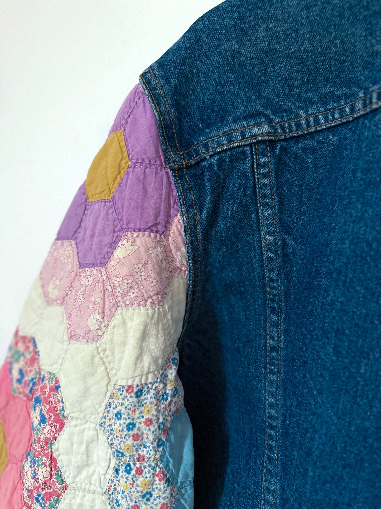 Grandmother’s Flower Garden Quilt Upcycled Denim Jacket