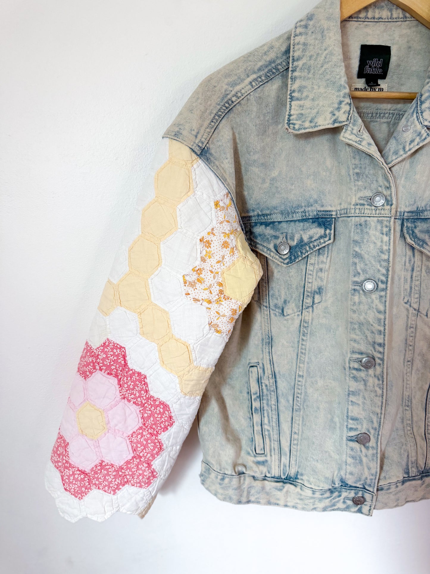 Grandmother’s Flower Garden Quilt Upcycled Denim Jacket