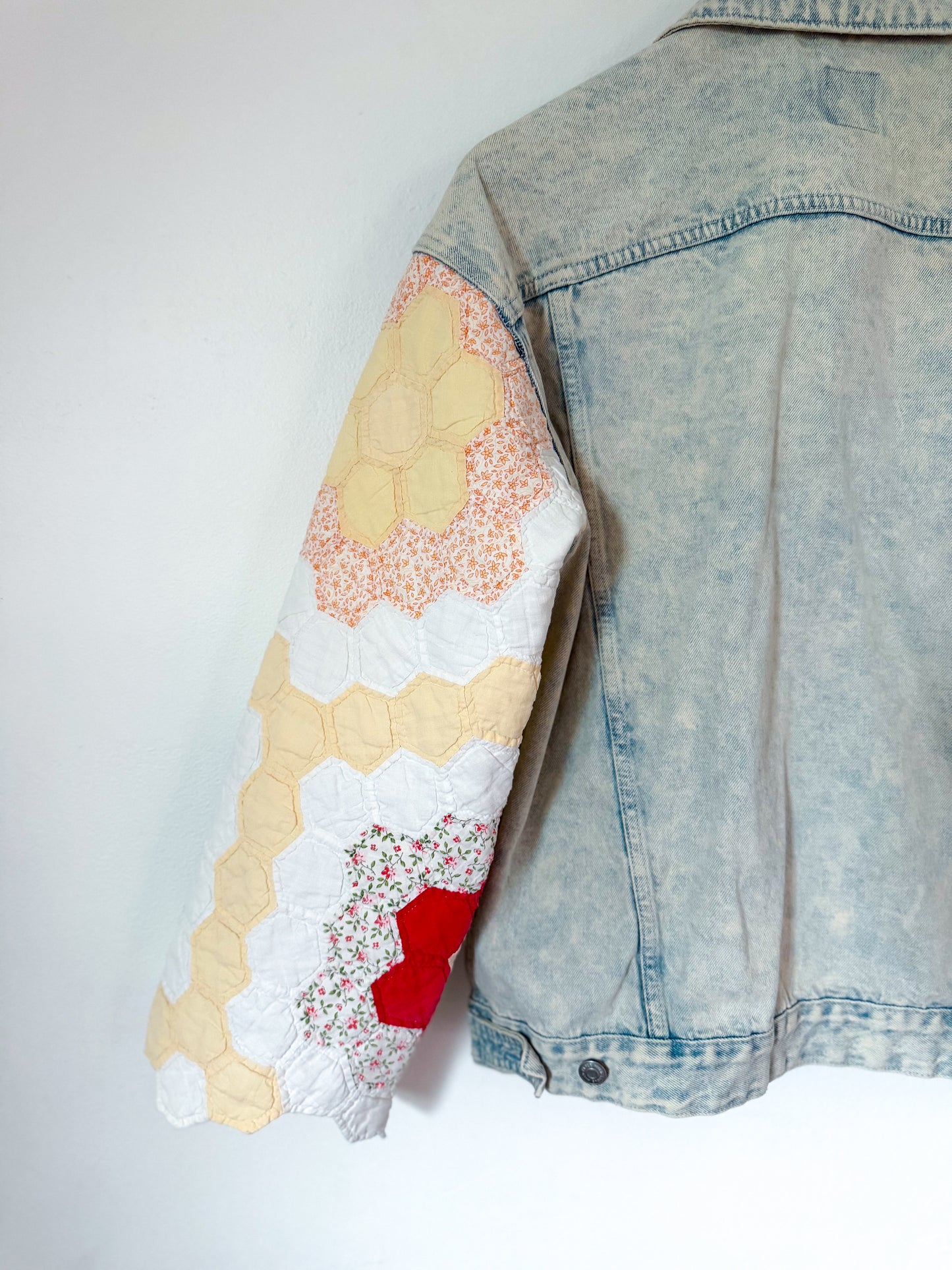 Grandmother’s Flower Garden Quilt Upcycled Denim Jacket