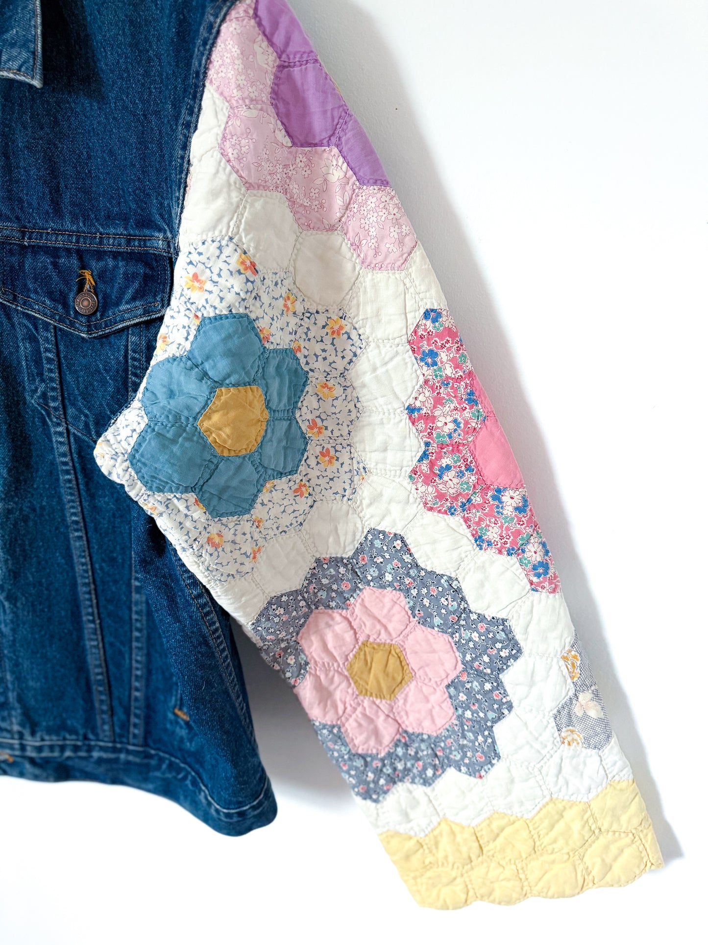 Grandmother’s Flower Garden Quilt Upcycled Denim Jacket