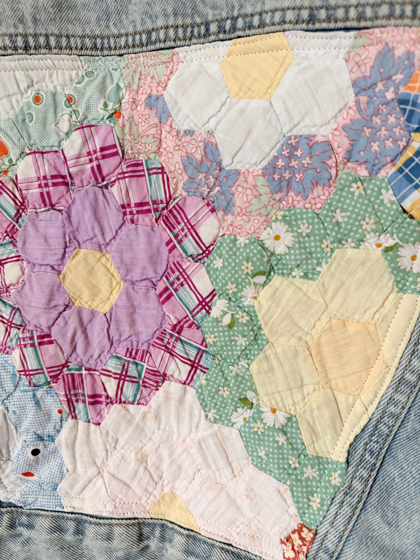 Grandmother’s Flower Garden Quilt Back Upcycled Denim Jacket