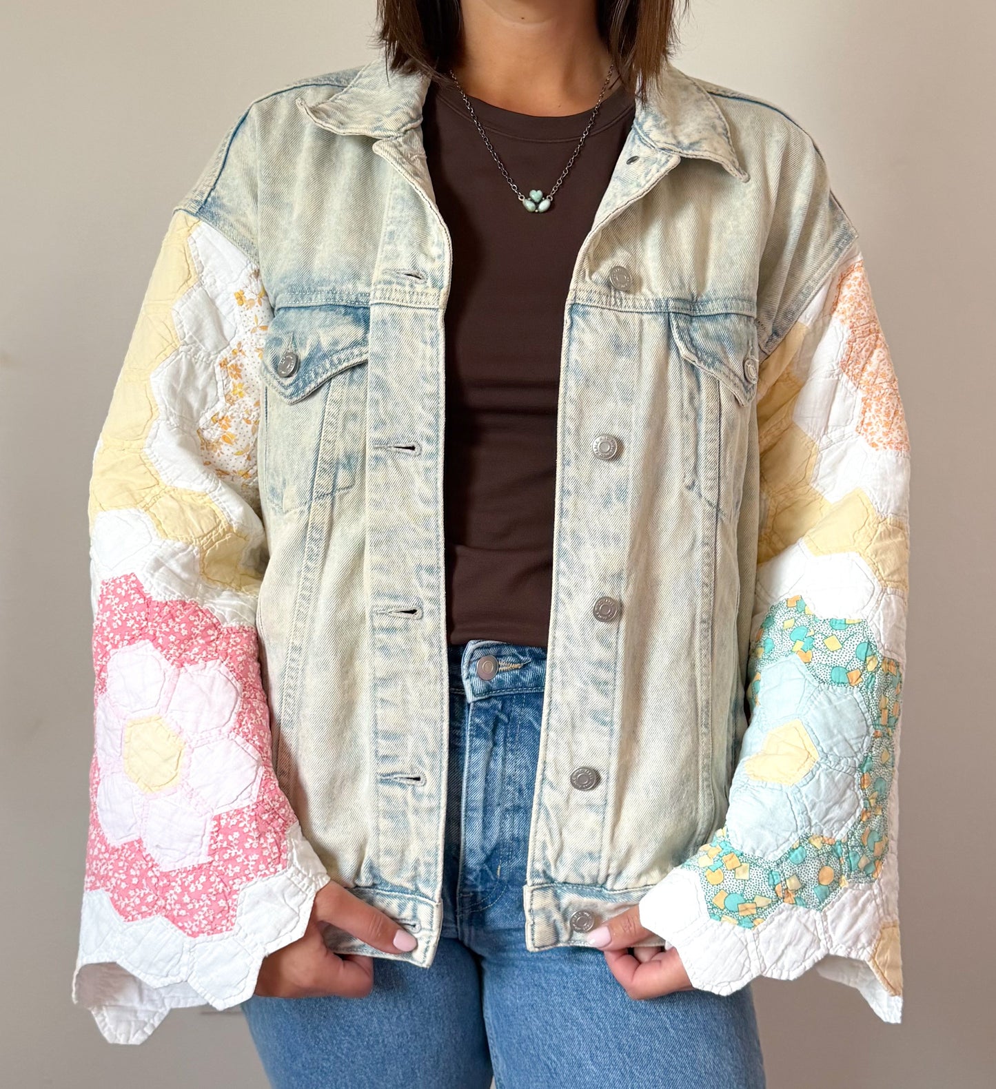 Grandmother’s Flower Garden Quilt Upcycled Denim Jacket