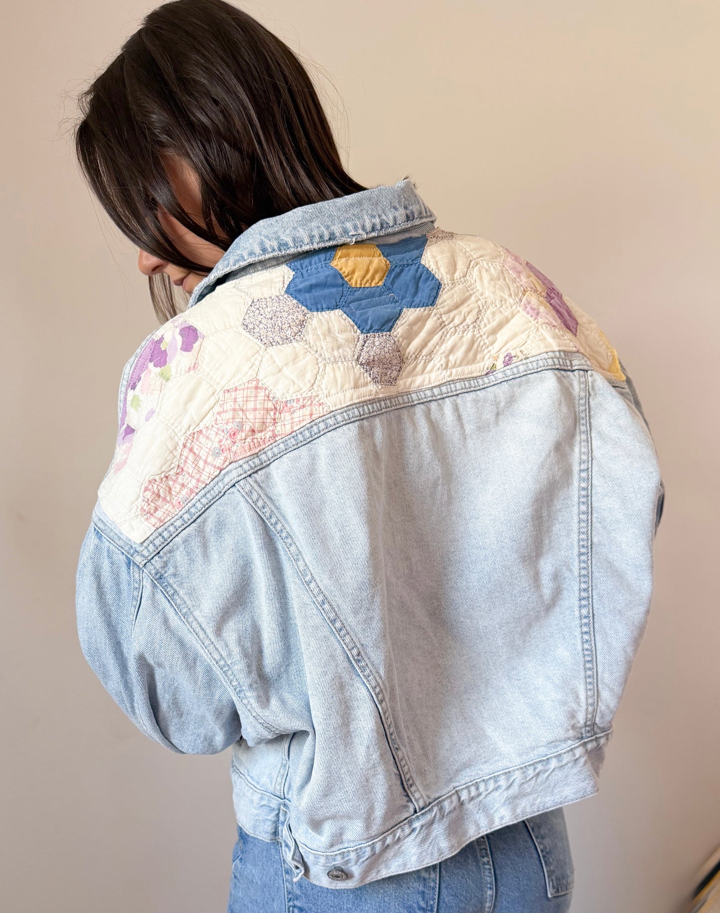 Grandmother’s Flower Garden Quilt Back Upcycled Denim Jacket