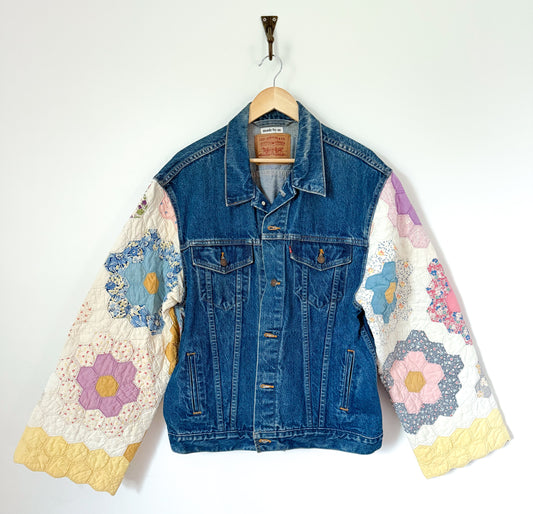 Grandmother’s Flower Garden Quilt Upcycled Denim Jacket