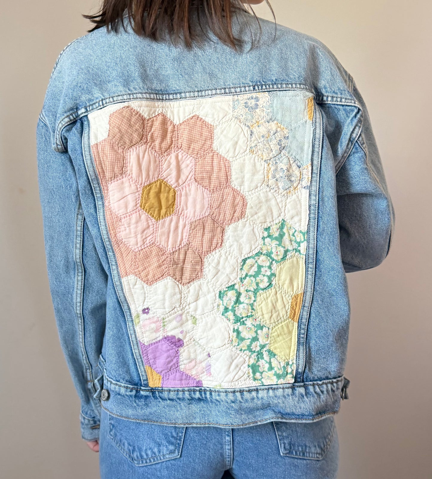 Grandmother’s Flower Garden Quilt Back Upcycled Denim Jacket