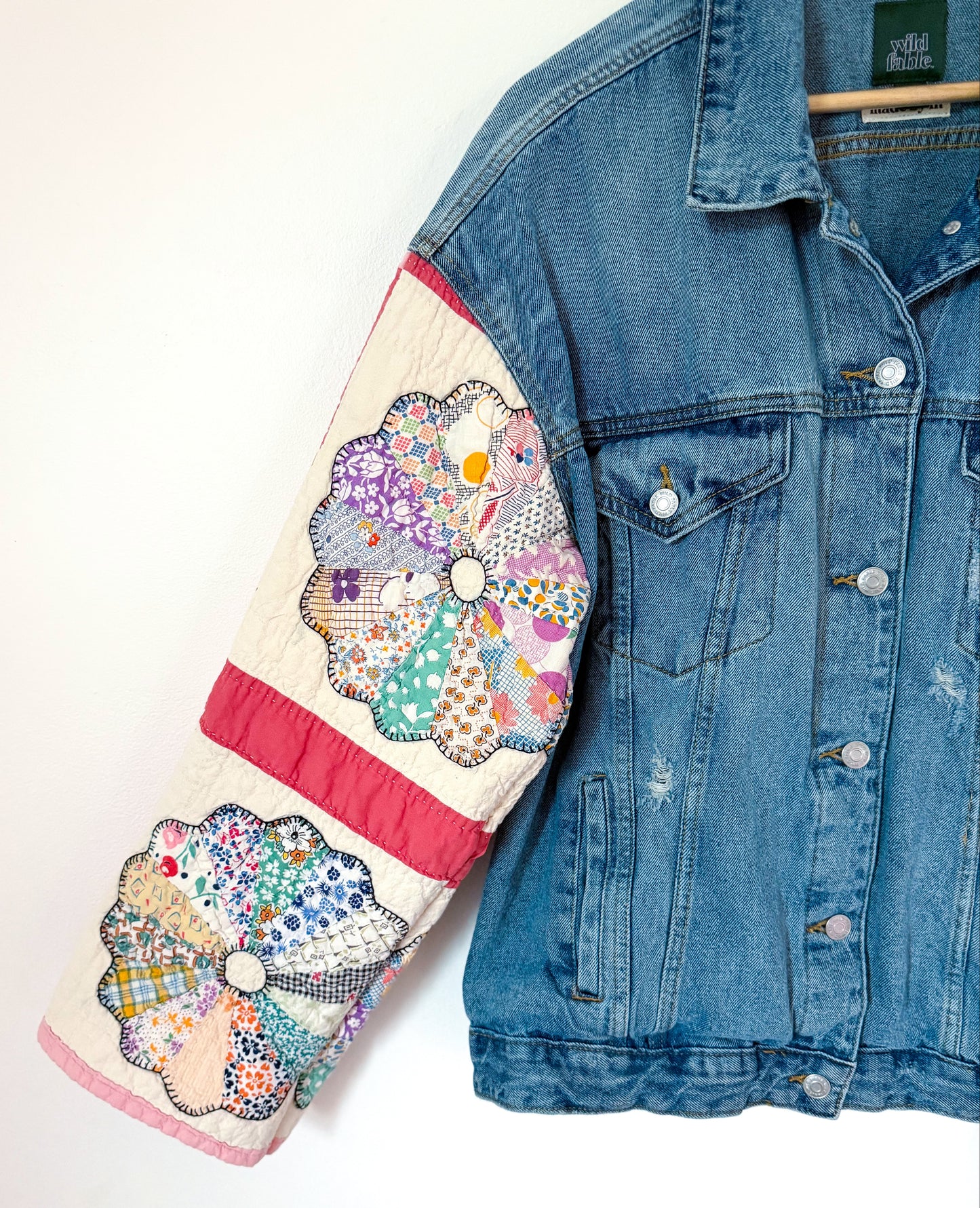 Pink Dresden Plate Quilt Upcycled Denim Jacket