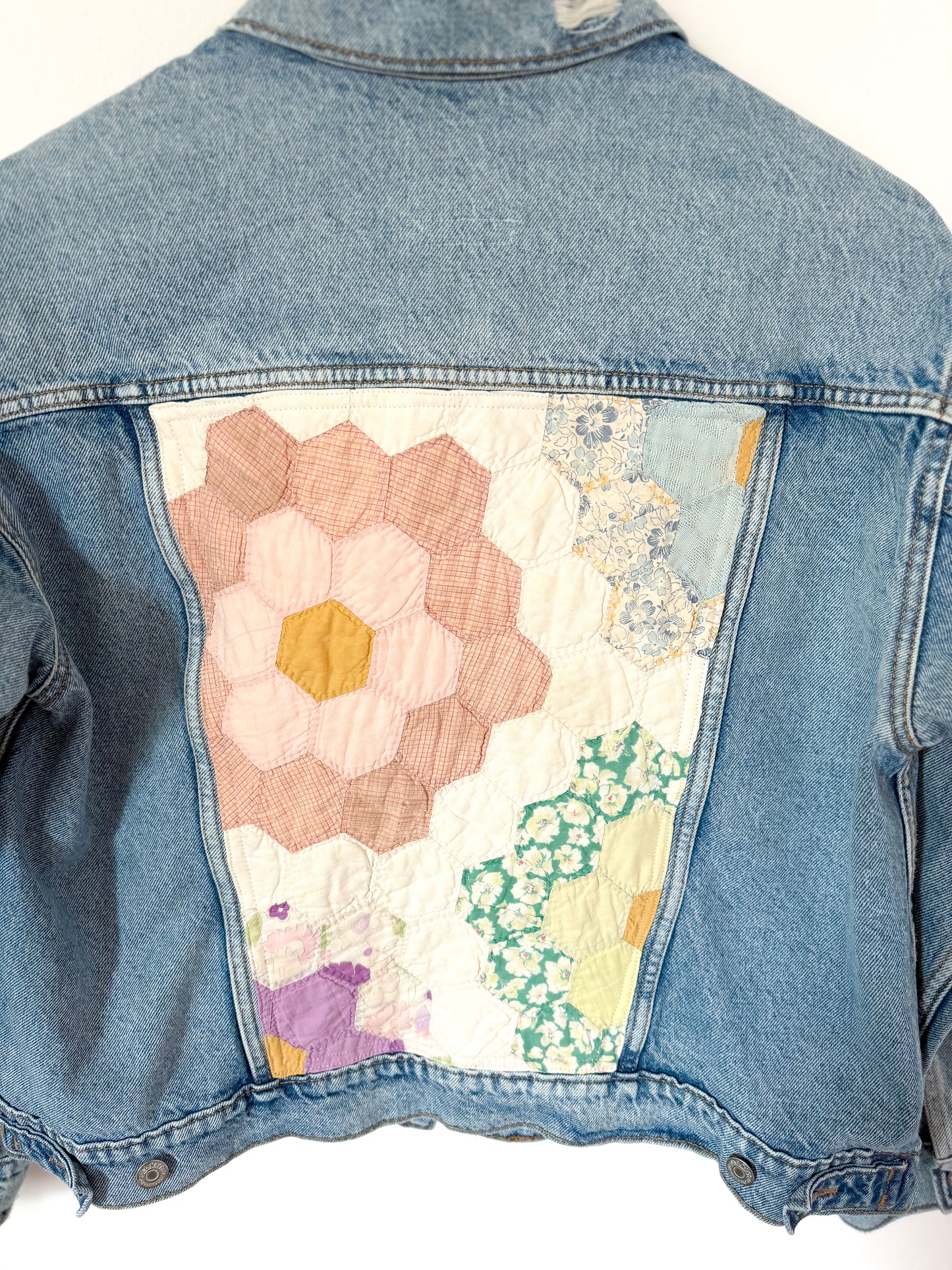 Grandmother’s Flower Garden Quilt Back Upcycled Denim Jacket