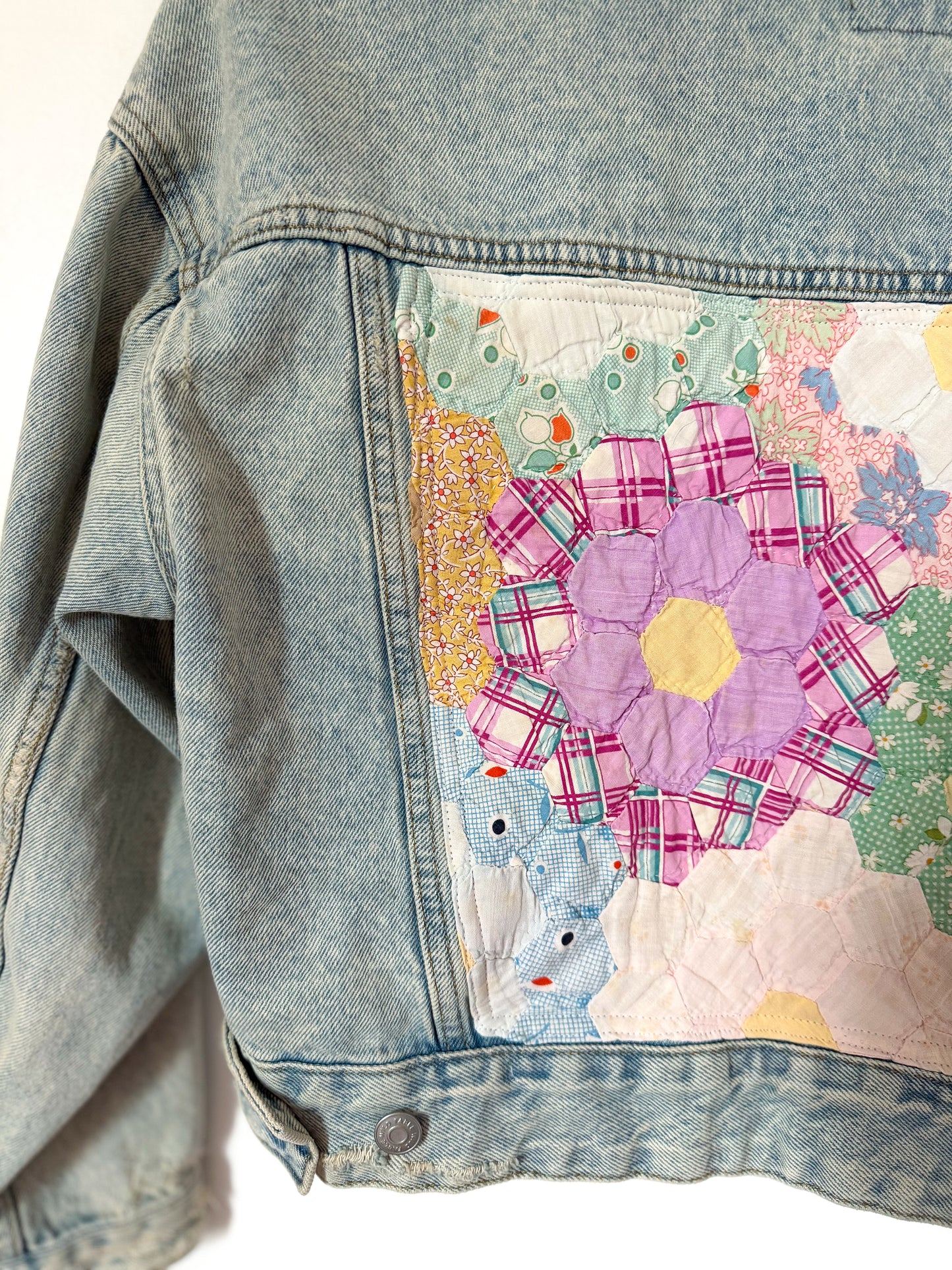 Grandmother’s Flower Garden Quilt Back Upcycled Denim Jacket
