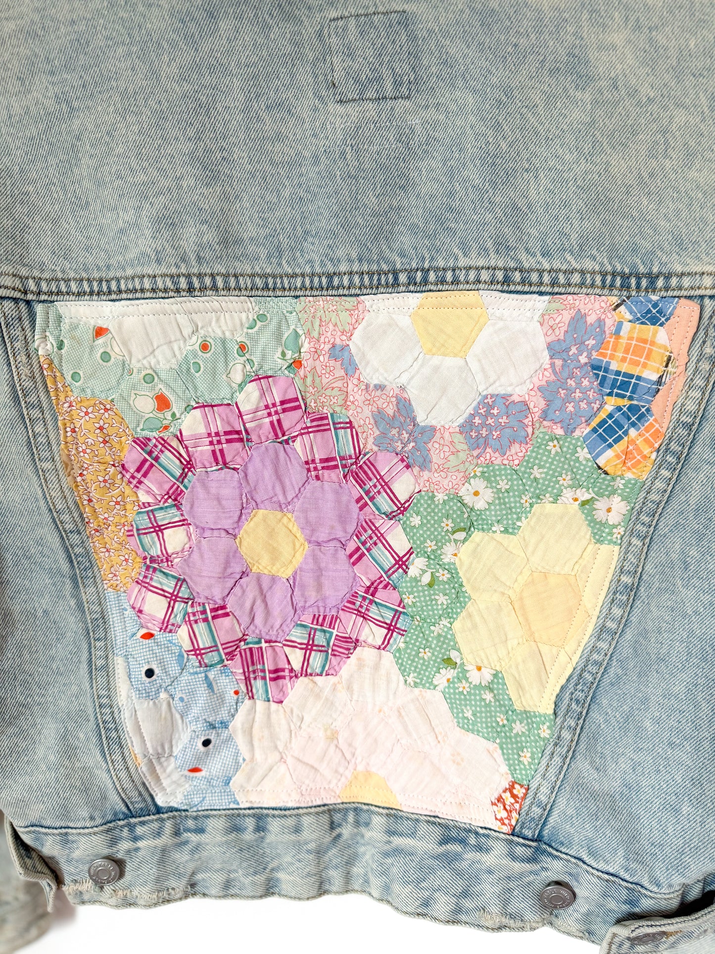 Grandmother’s Flower Garden Quilt Back Upcycled Denim Jacket