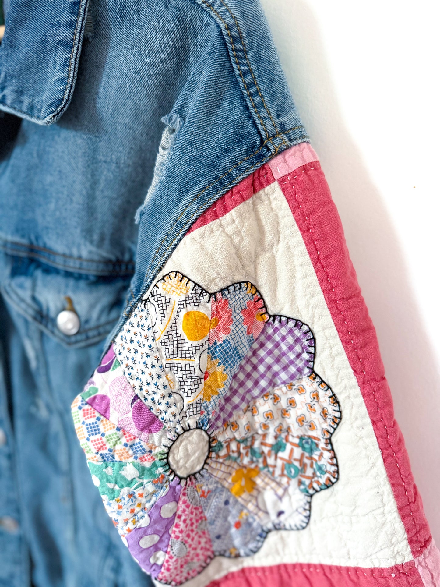 Pink Dresden Plate Quilt Upcycled Denim Jacket