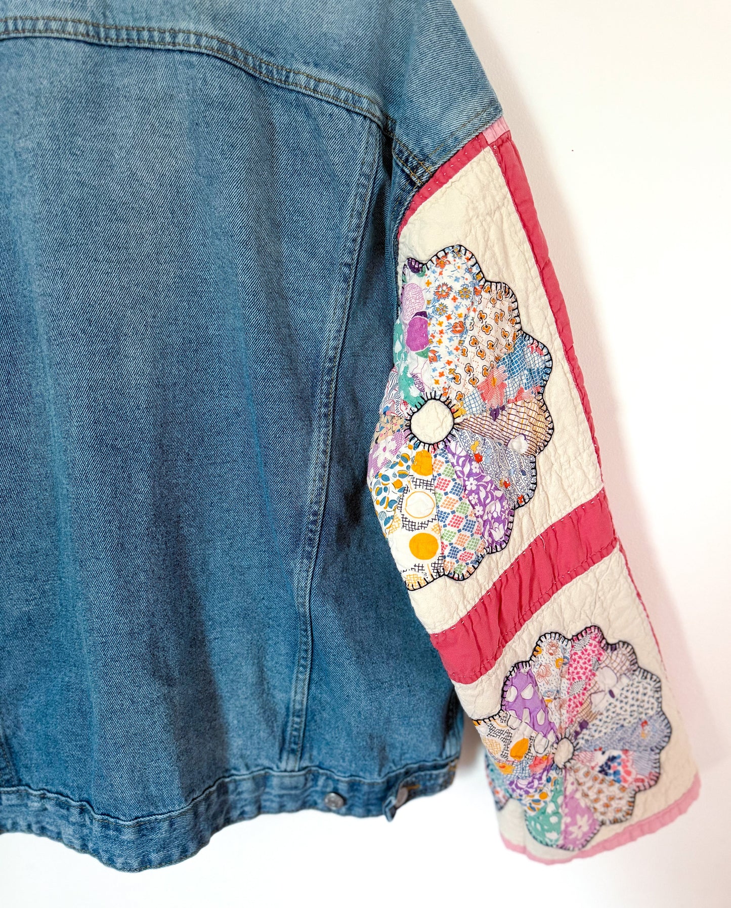Pink Dresden Plate Quilt Upcycled Denim Jacket
