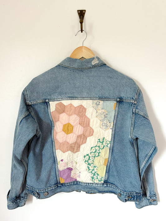 Grandmother’s Flower Garden Quilt Back Upcycled Denim Jacket