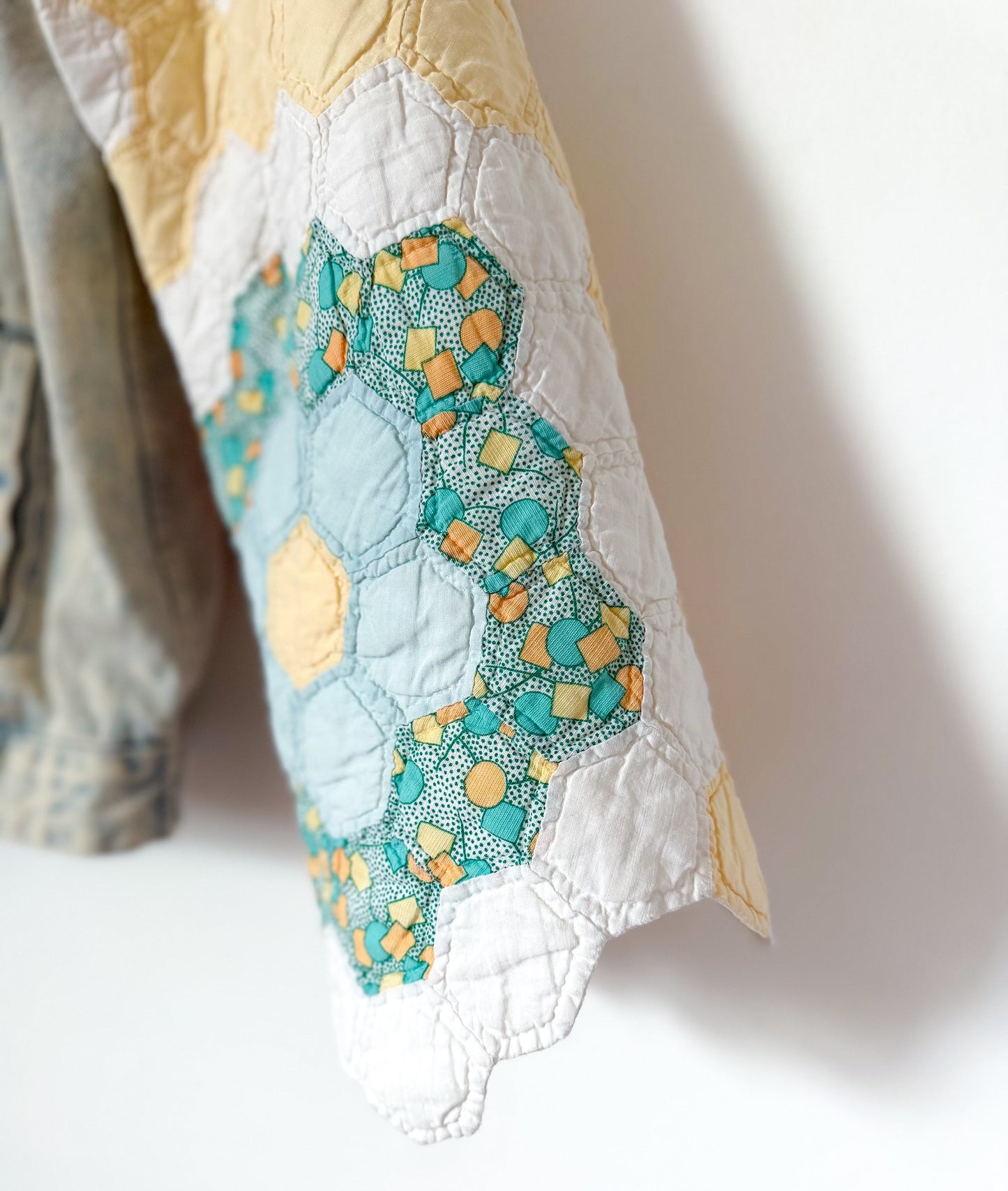 Grandmother’s Flower Garden Quilt Upcycled Denim Jacket