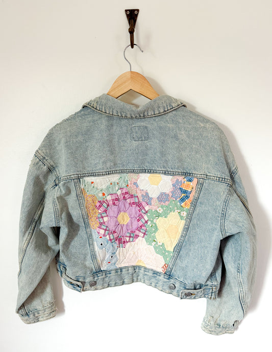 Grandmother’s Flower Garden Quilt Back Upcycled Denim Jacket