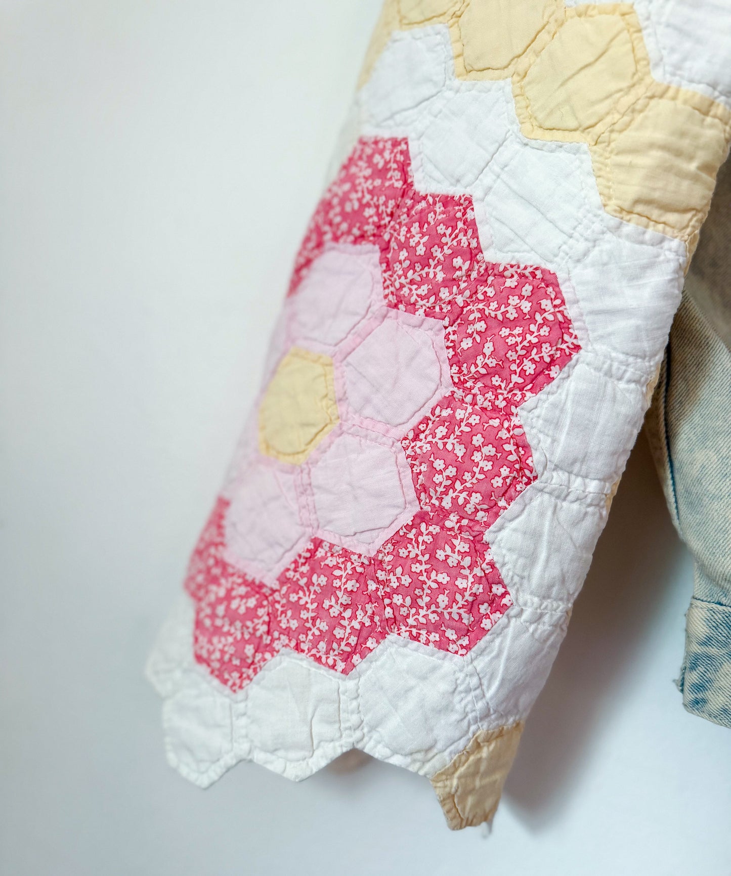 Grandmother’s Flower Garden Quilt Upcycled Denim Jacket