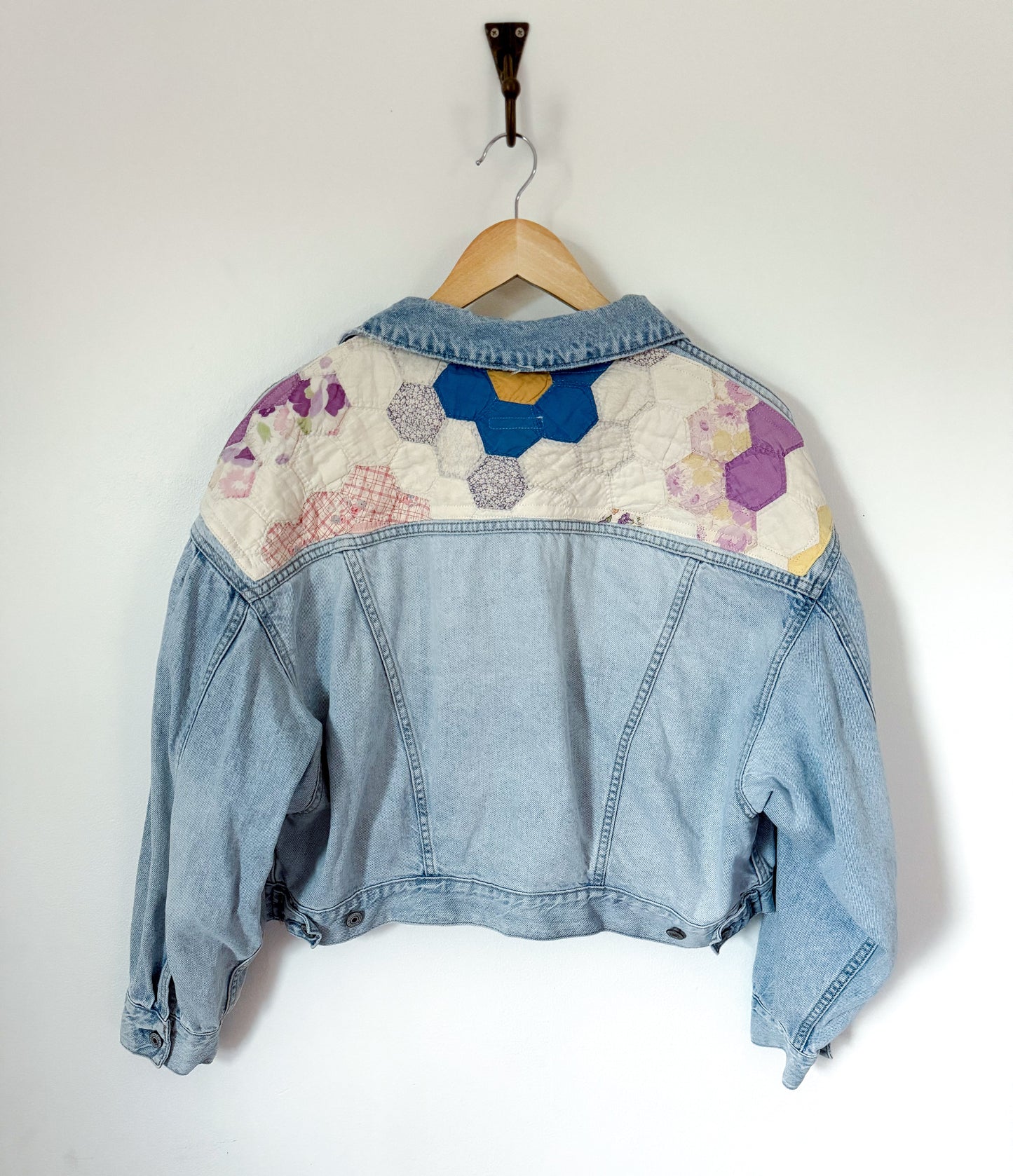 Grandmother’s Flower Garden Quilt Back Upcycled Denim Jacket