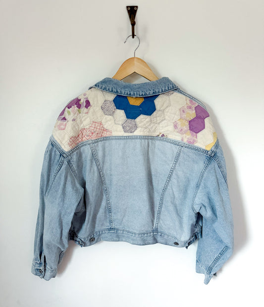 Grandmother’s Flower Garden Quilt Back Upcycled Denim Jacket