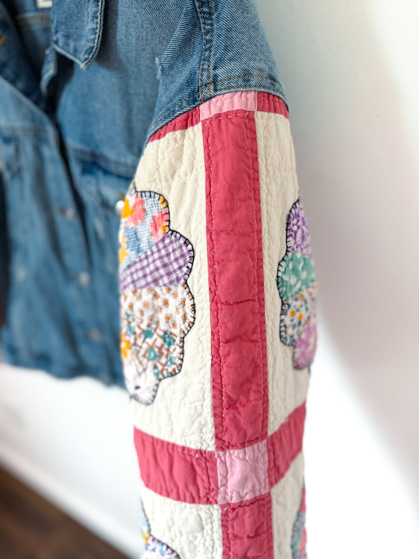 Pink Dresden Plate Quilt Upcycled Denim Jacket
