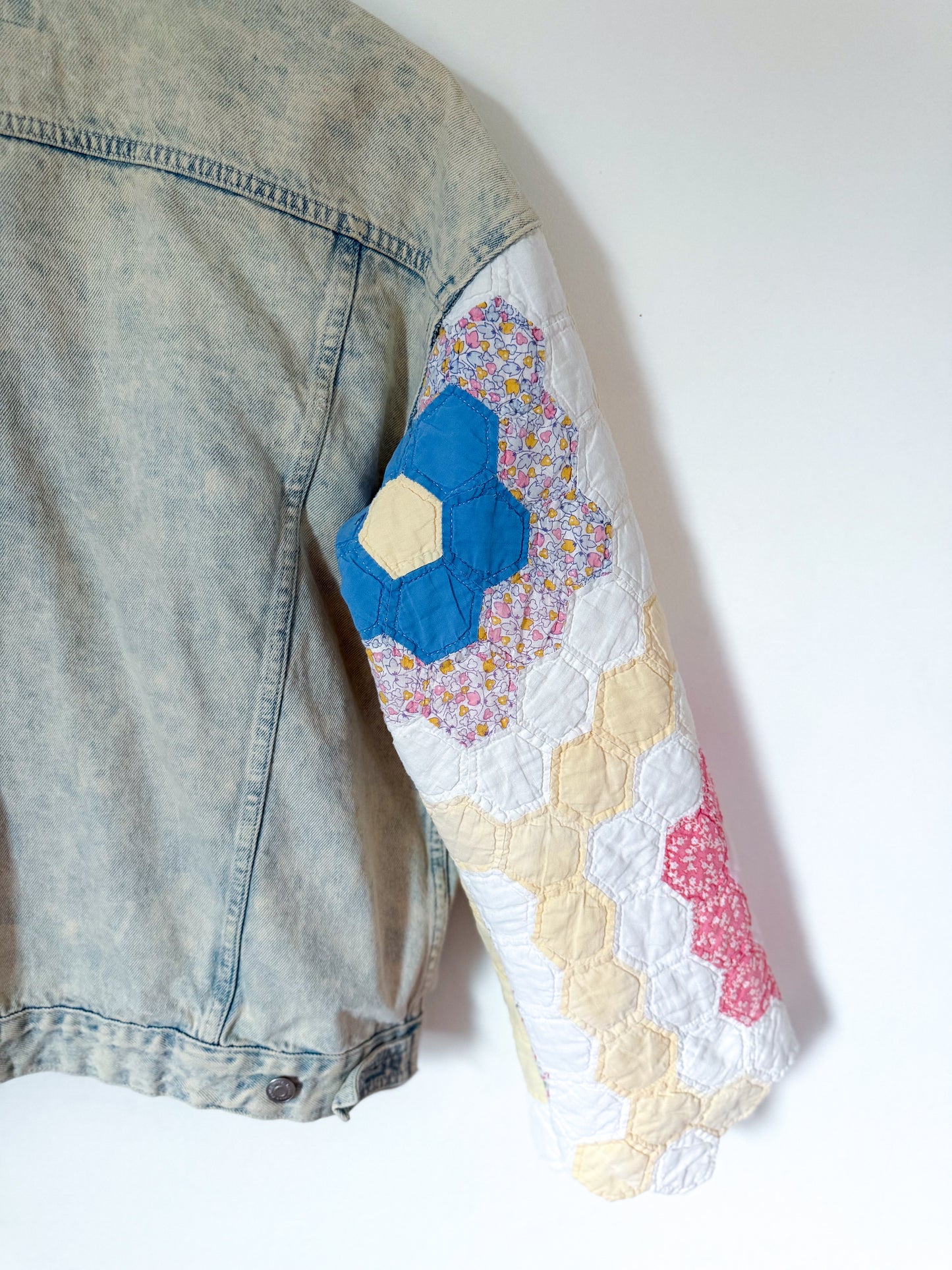 Grandmother’s Flower Garden Quilt Upcycled Denim Jacket