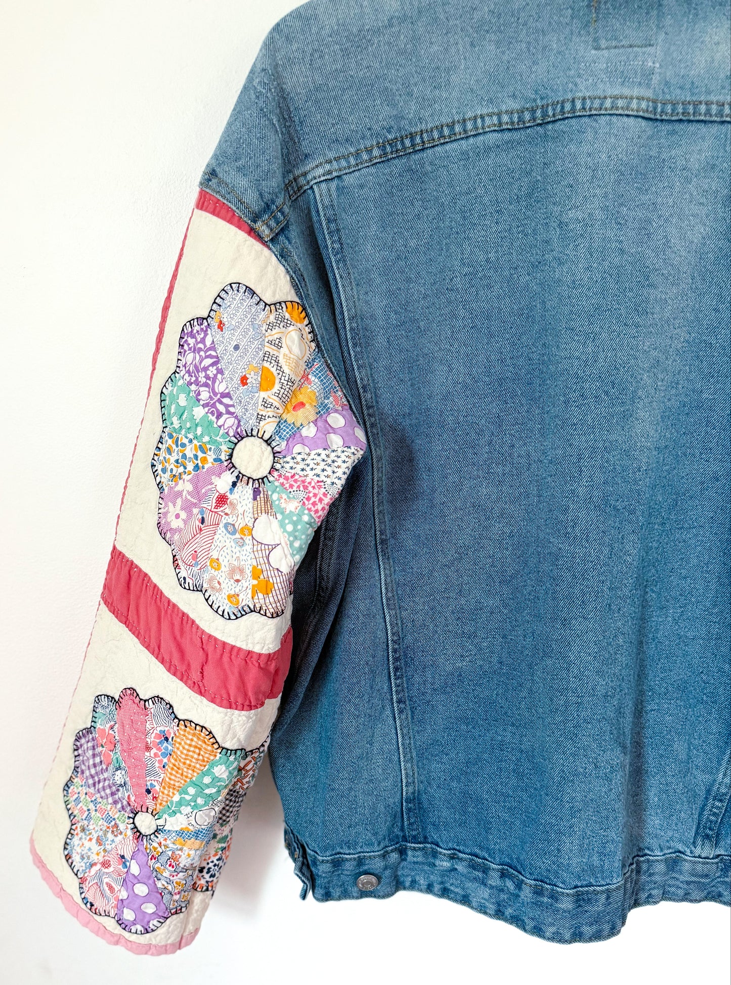 Pink Dresden Plate Quilt Upcycled Denim Jacket