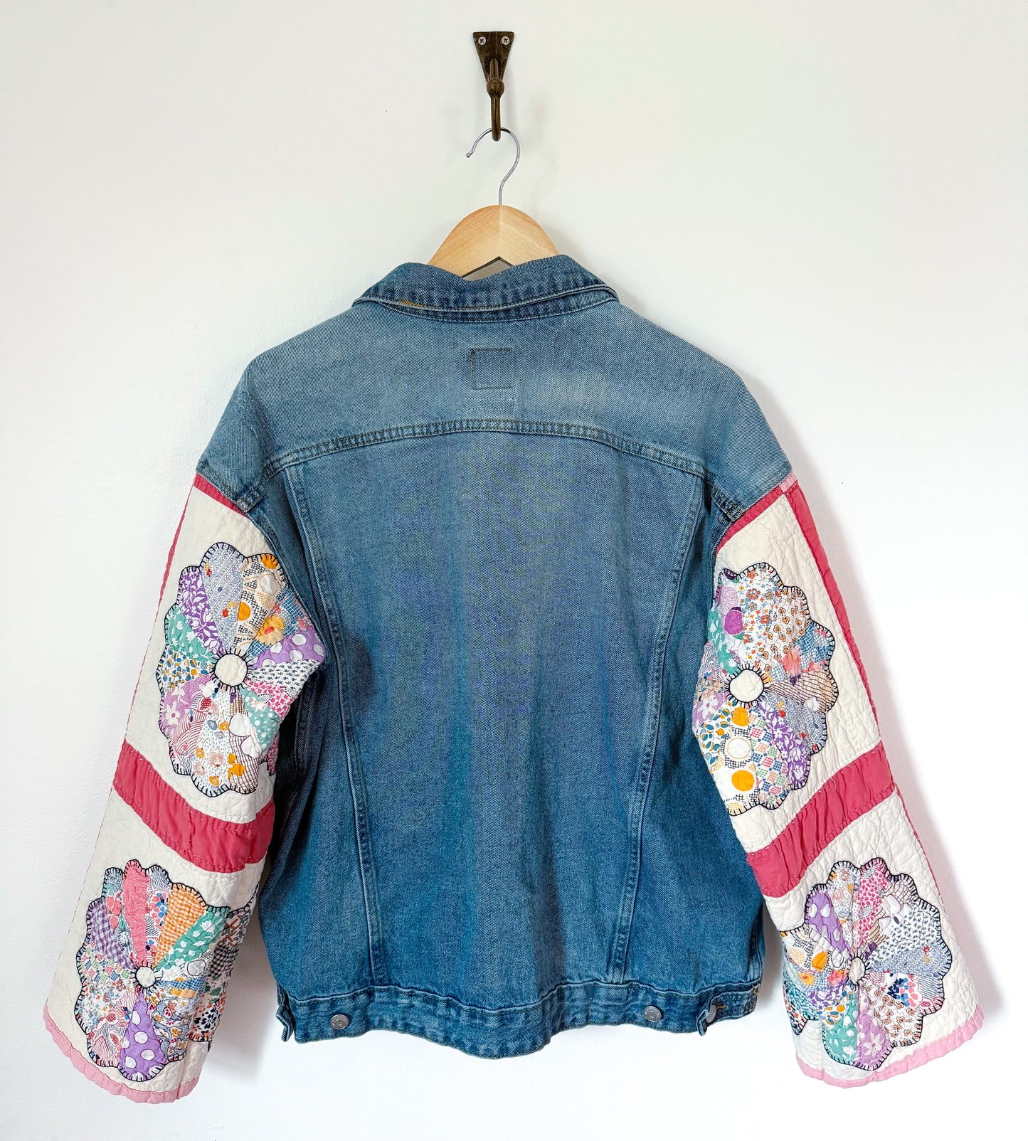 Pink Dresden Plate Quilt Upcycled Denim Jacket
