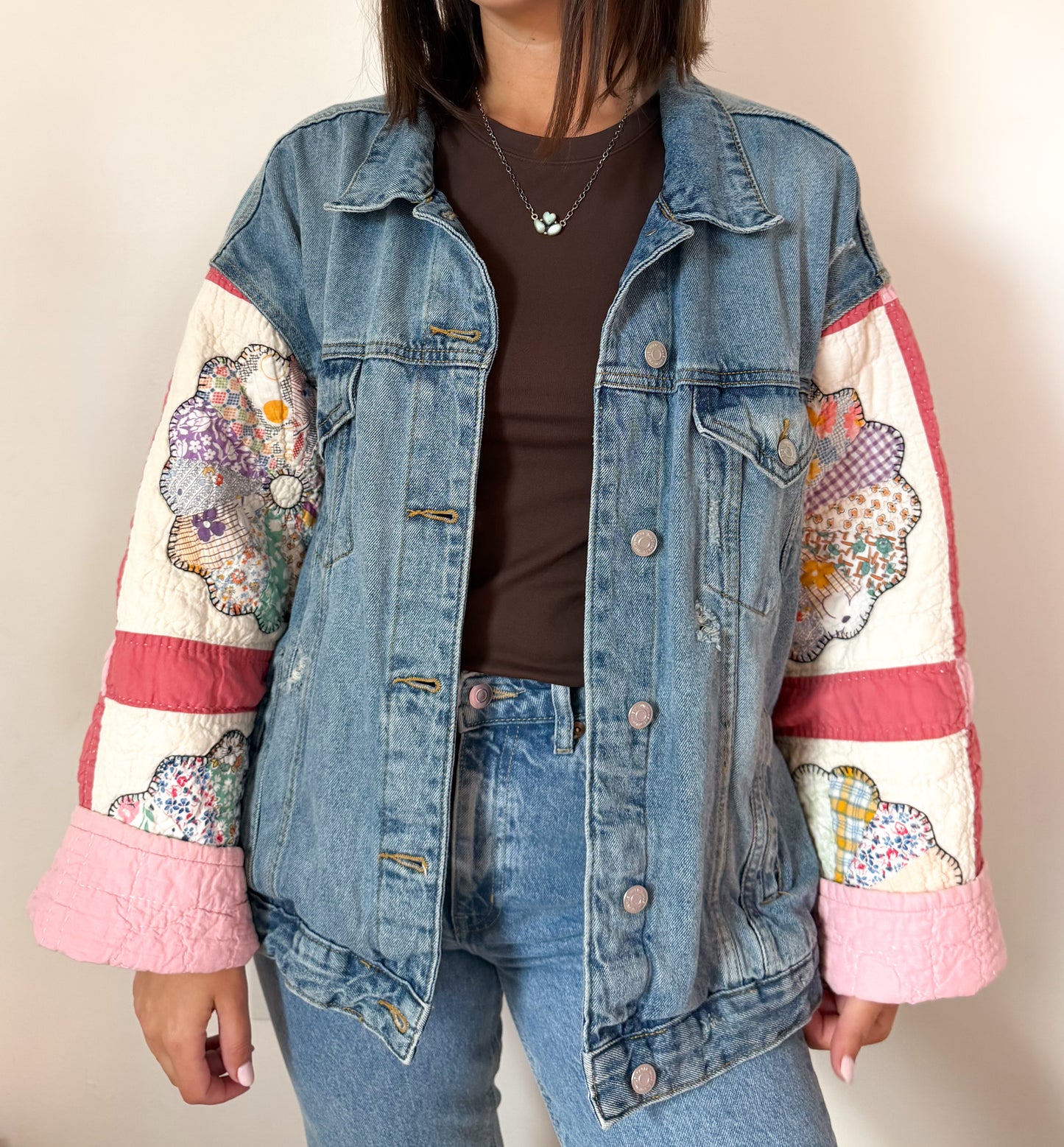 Pink Dresden Plate Quilt Upcycled Denim Jacket