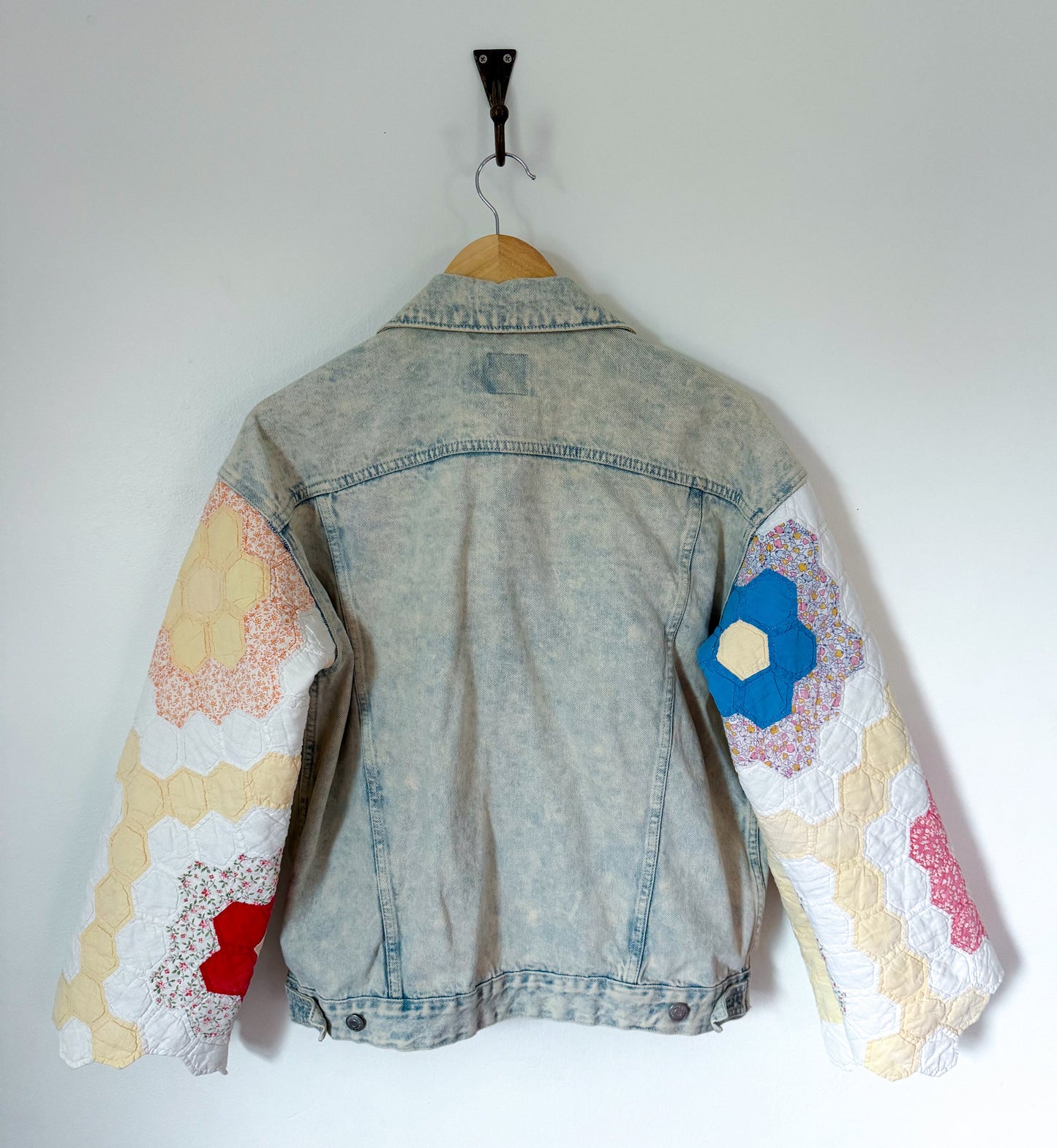 Grandmother’s Flower Garden Quilt Upcycled Denim Jacket