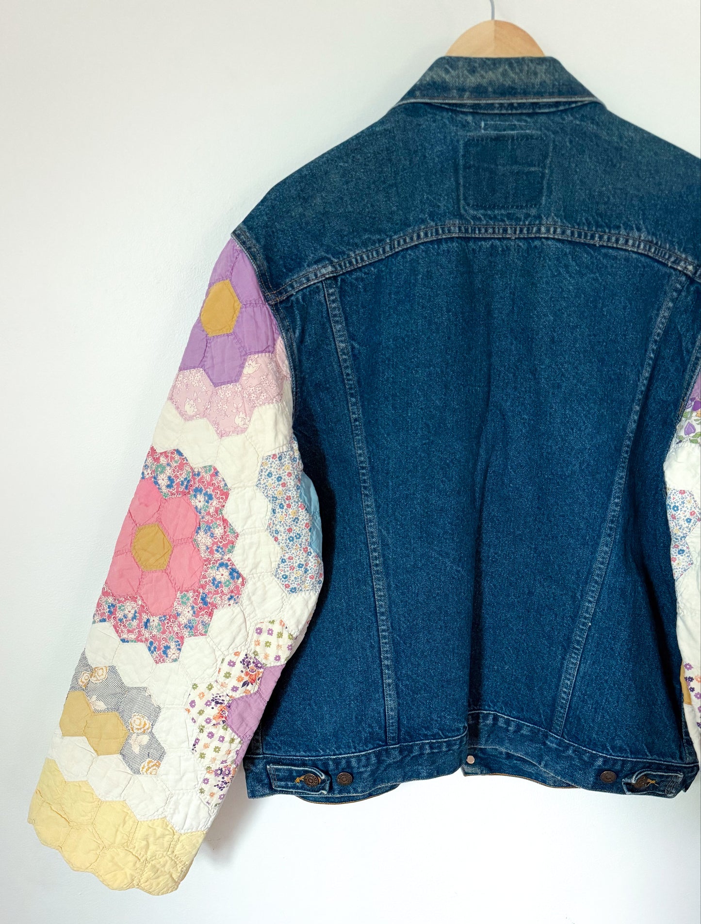 Grandmother’s Flower Garden Quilt Upcycled Denim Jacket