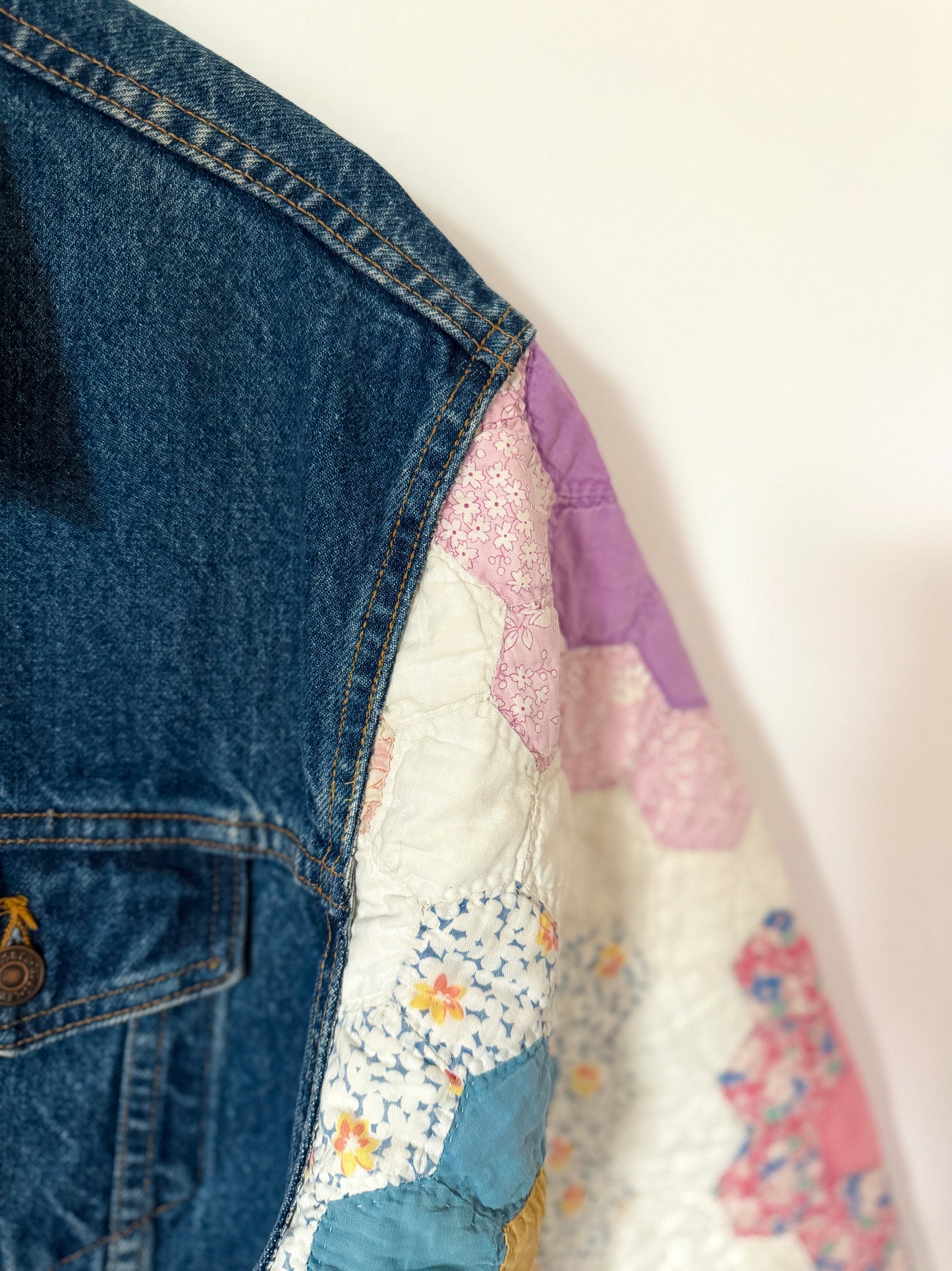 Grandmother’s Flower Garden Quilt Upcycled Denim Jacket
