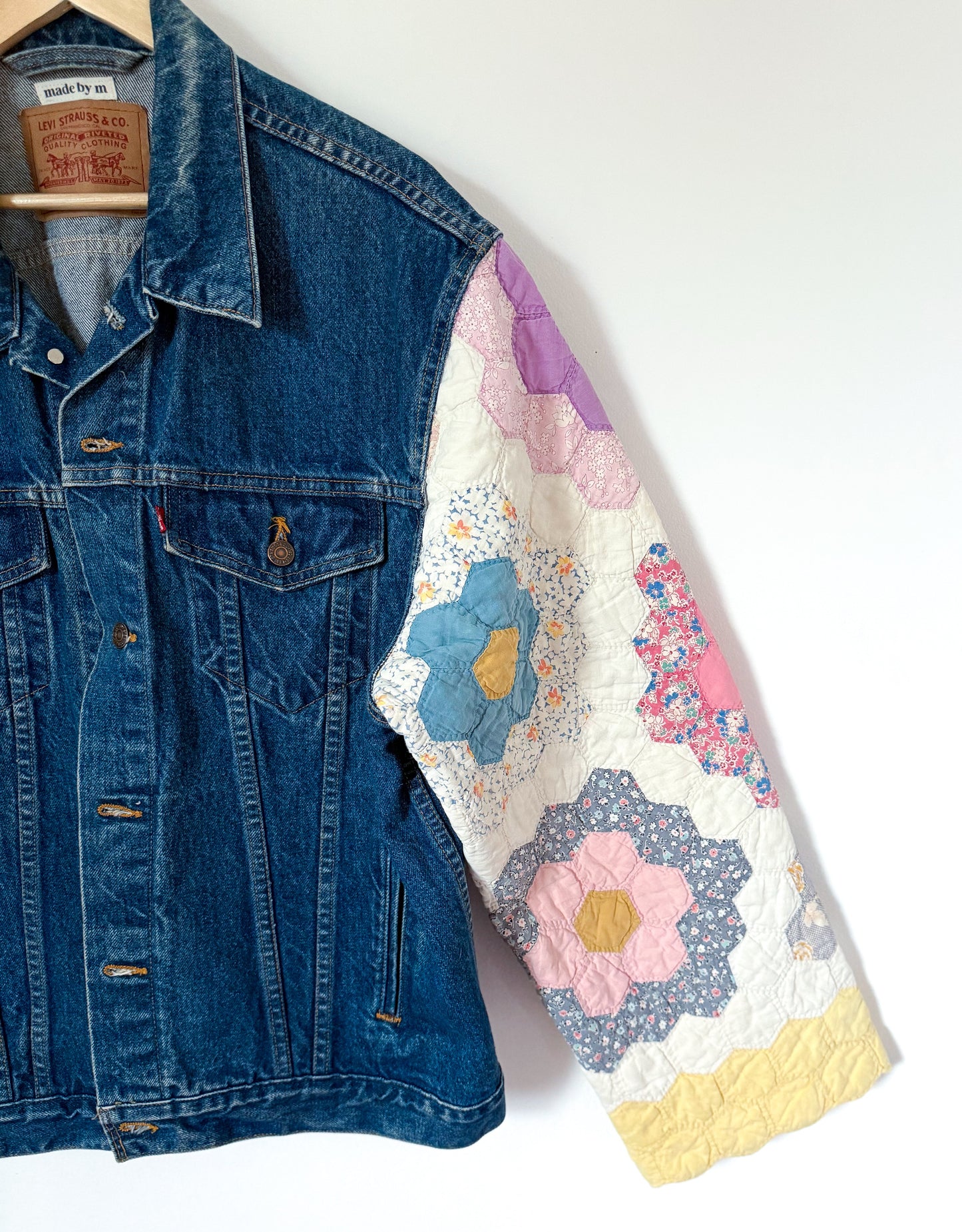 Grandmother’s Flower Garden Quilt Upcycled Denim Jacket