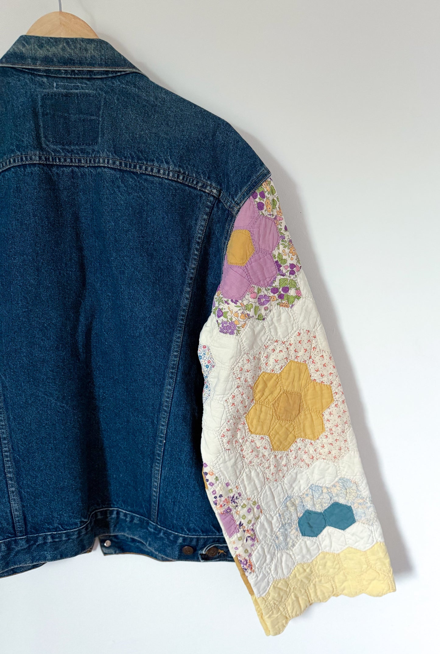 Grandmother’s Flower Garden Quilt Upcycled Denim Jacket