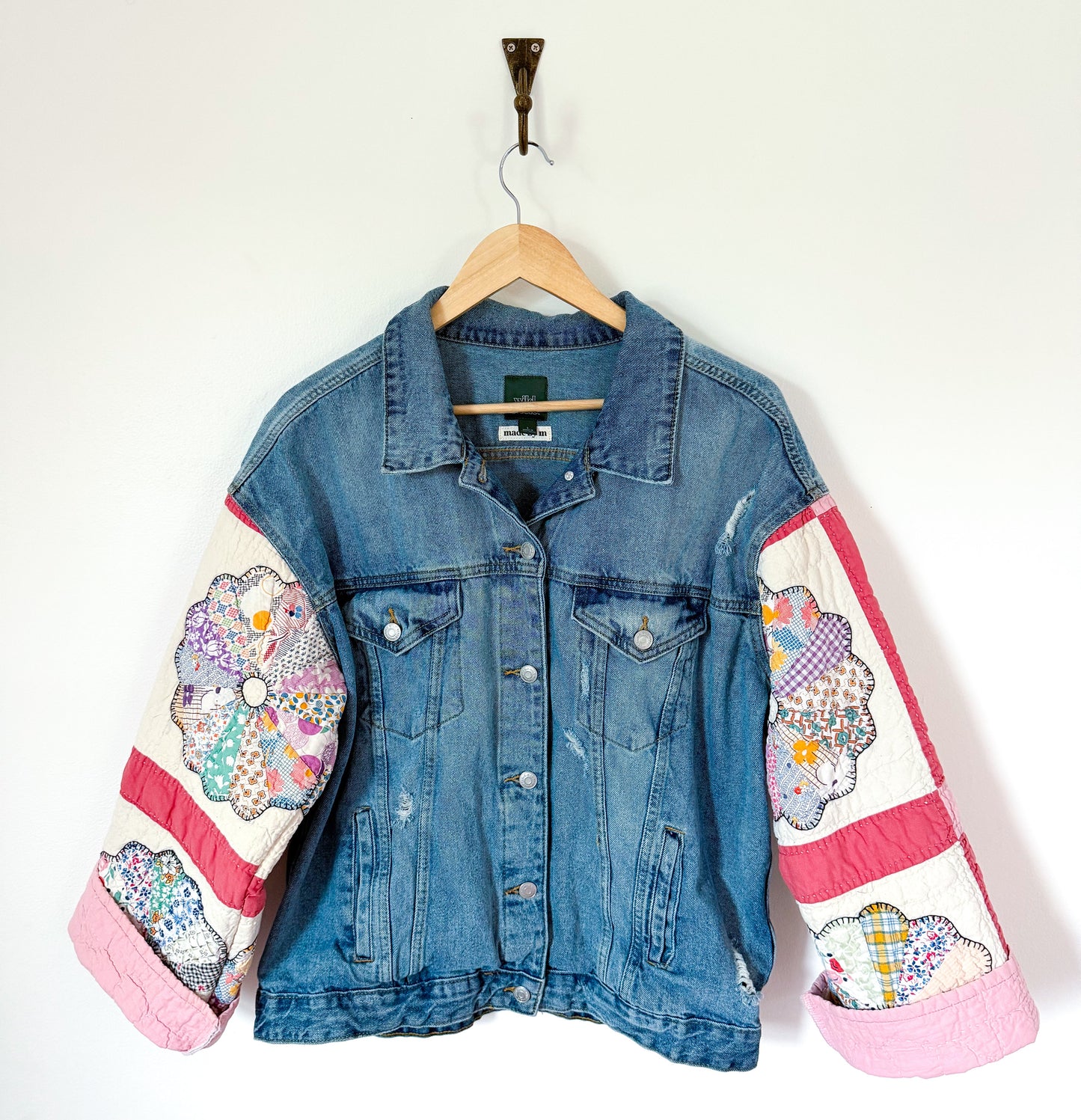 Pink Dresden Plate Quilt Upcycled Denim Jacket