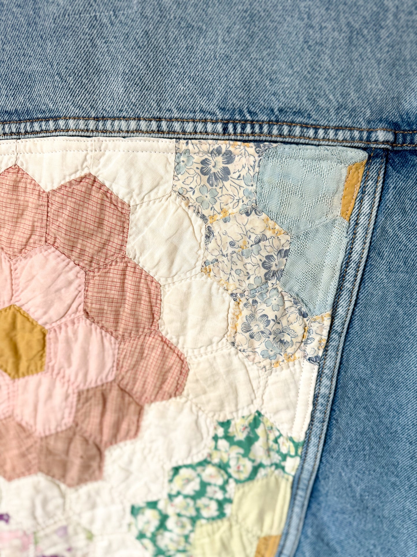 Grandmother’s Flower Garden Quilt Back Upcycled Denim Jacket