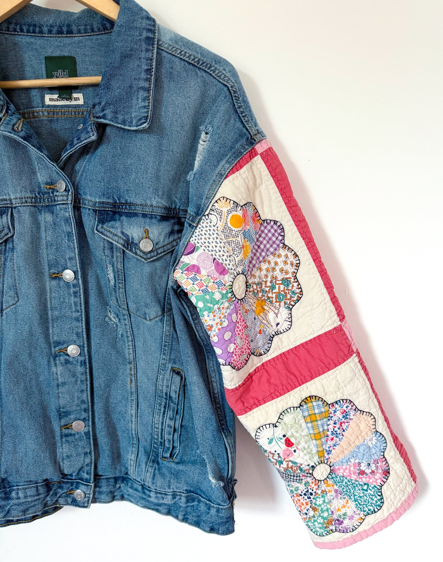Pink Dresden Plate Quilt Upcycled Denim Jacket