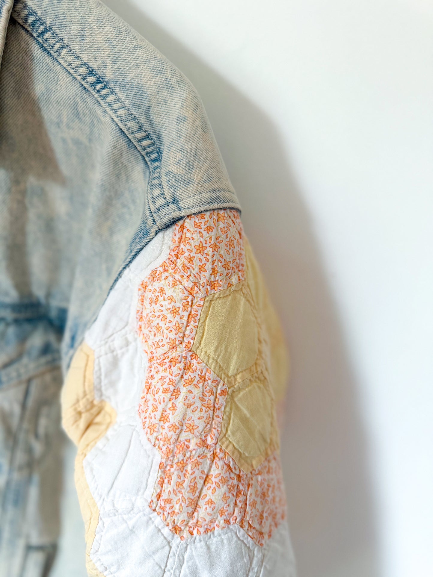 Grandmother’s Flower Garden Quilt Upcycled Denim Jacket