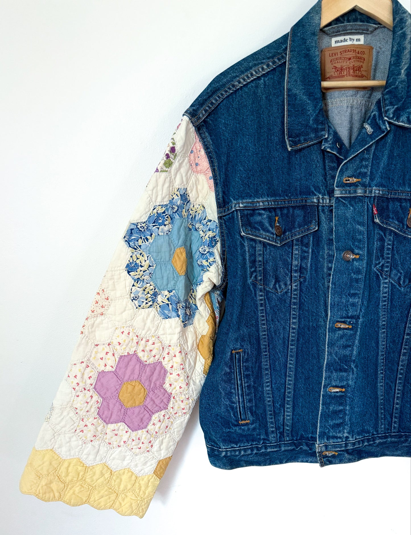 Grandmother’s Flower Garden Quilt Upcycled Denim Jacket